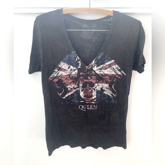 Y2K Queen Burnout V Neck T-Shirt Top Women’s Large Black Angel Wings Sheer Tee - Picture 2 of 8